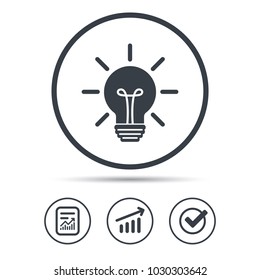 Light bulb icon. Lamp sign. Illumination technology symbol. Report document, Graph chart and Check signs. Circle web buttons. Vector