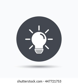 Light bulb icon. Lamp sign. Illumination technology symbol. Flat web button with icon on white background. Gray round pressbutton with shadow. Vector