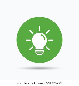 Light bulb icon. Lamp sign. Illumination technology symbol. Flat web button with icon on white background. Green round pressbutton with shadow. Vector
