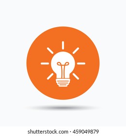 Light bulb icon. Lamp sign. Illumination technology symbol. Orange circle button with flat web icon. Vector