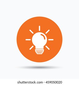 Light bulb icon. Lamp sign. Illumination technology symbol. Orange circle button with flat web icon. Vector