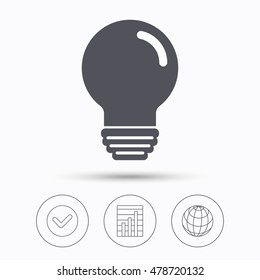 Light bulb icon. Lamp sign. Illumination technology symbol. Check tick, graph chart and internet globe. Linear icons on white background. Vector