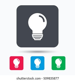 Light bulb icon. Lamp sign. Illumination technology symbol. Colored square buttons with flat web icon. Vector