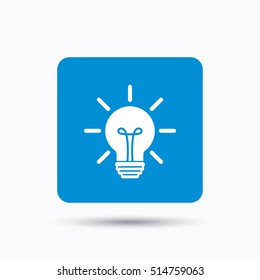 Light bulb icon. Lamp sign. Illumination technology symbol. Blue square button with flat web icon. Vector