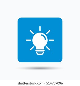 Light bulb icon. Lamp sign. Illumination technology symbol. Blue square button with flat web icon. Vector
