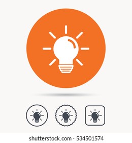 Light bulb icon. Lamp sign. Illumination technology symbol. Orange circle button with web icon. Star and square design. Vector