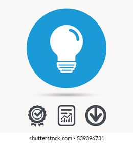 Light bulb icon. Lamp sign. Illumination technology symbol. Achievement check, download and report file signs. Circle button with web icon. Vector