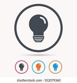 Light bulb icon. Lamp sign. Illumination technology symbol. Colored circle buttons with flat web icon. Vector