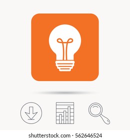 Light bulb icon. Lamp sign. Illumination technology symbol. Report chart, download and magnifier search signs. Orange square button with web icon. Vector