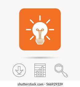 Light bulb icon. Lamp sign. Illumination technology symbol. Report chart, download and magnifier search signs. Orange square button with web icon. Vector