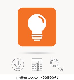 Light bulb icon. Lamp sign. Illumination technology symbol. Report chart, download and magnifier search signs. Orange square button with web icon. Vector