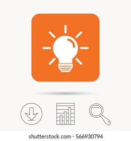 Light bulb icon. Lamp sign. Illumination technology symbol. Report chart, download and magnifier search signs. Orange square button with web icon. Vector