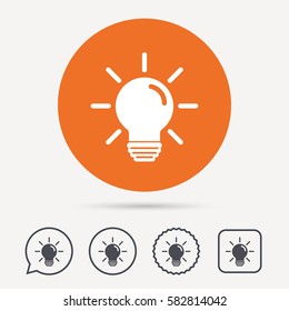 Light bulb icon. Lamp sign. Illumination technology symbol. Circle, speech bubble and star buttons. Flat web icons. Vector