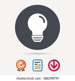 Light bulb icon. Lamp sign. Illumination technology symbol. Report document, award medal with tick and new tag signs. Colored flat web icons. Vector