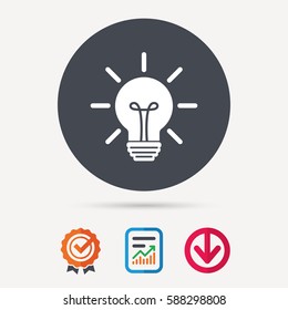Light bulb icon. Lamp sign. Illumination technology symbol. Report document, award medal with tick and new tag signs. Colored flat web icons. Vector