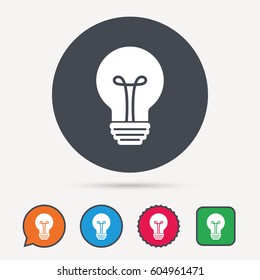 Light bulb icon. Lamp sign. Illumination technology symbol. Circle, speech bubble and star buttons. Flat web icons. Vector