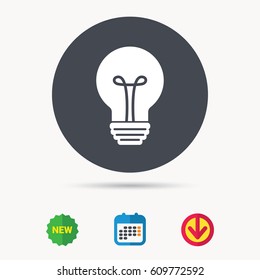 Light bulb icon. Lamp sign. Illumination technology symbol. Calendar, download arrow and new tag signs. Colored flat web icons. Vector