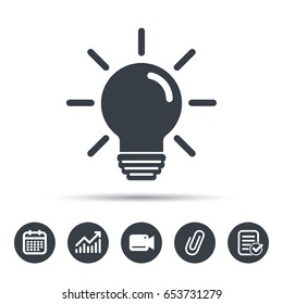 Light bulb icon. Lamp sign. Illumination technology symbol. Calendar, chart and checklist signs. Video camera and attach clip web icons. Vector