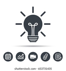 Light bulb icon. Lamp sign. Illumination technology symbol. Calendar, chart and checklist signs. Video camera and attach clip web icons. Vector