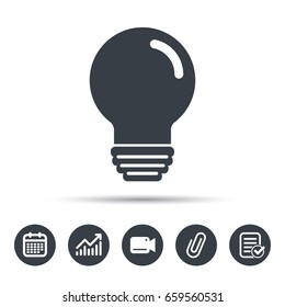 Light bulb icon. Lamp sign. Illumination technology symbol. Calendar, chart and checklist signs. Video camera and attach clip web icons. Vector