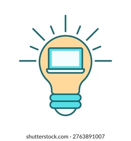 Light bulb icon with laptop symbol representing digital work, computing, and productivity. Ideal for remote work, online business, technology solutions, and modern workspace concepts.
