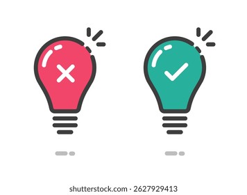 Light bulb icon line stroke with cross and check mark as bad good innovation idea red green vector graphic illustration set, lightbulb energy power problem resolved