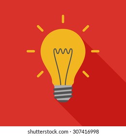 Light bulb icon with long shadow. Flat design style. Light bulb simple silhouette. Modern, minimalist icon in stylish colors. Web site page and mobile app design vector element.