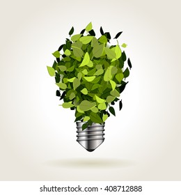 Light bulb icon made of green leaves, abstract vector illustration