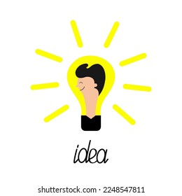 Light bulb icon. Man face profile. Guy face head. Switch on lamp. Shining effect. Business success concept. Successful businessman idea concept. Flat design. Isolated. Yellow background. Vector