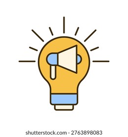 Light bulb icon with megaphone symbol representing marketing promotion, advertising campaigns, and brand awareness. Suitable for business communication, sales strategy, and audience engagement concepts.