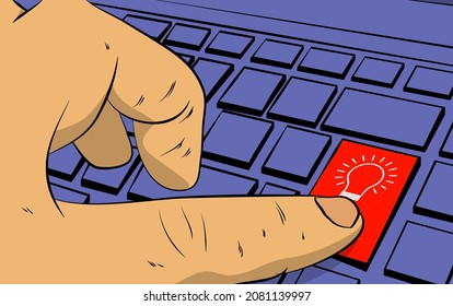 Light Bulb icon on computer keyboard. Man push keypad on laptop. Comic book style concept. Ideas, idea, success, growth, creativity concept.