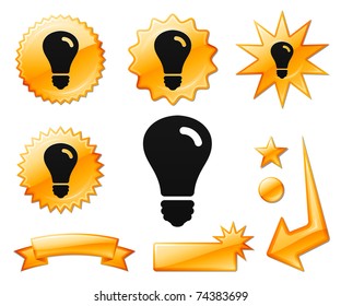 Light Bulb Icon on Orange Burst Banners and Medals Original Vector Illustration
