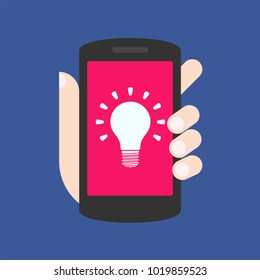 Light bulb icon on smartphone screen. Hand holding smartphone. Answer the call. Modern concept for web banners, web sites, infographics. Flat design vector illustration.