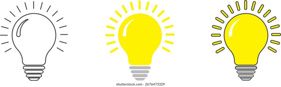 Ícone de lâmpada em um fundo branco. Símbolo de ideia. Luz elétrica, luz, inovação, soluções, pensamento criativo, eletricidade. Contorno, estilo plano e cor. Design plano.