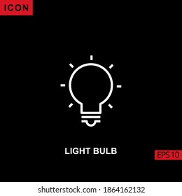 light bulb icon outline, line, lineal or linear on black background. Illustration for graphic, print media interfaces and web design.