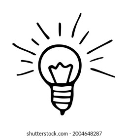 Light bulb icon with rays shine. Idea or electricity symbol. Hand drawn vector doodle illustration isolated on white background. Design for prints, badges and posters.