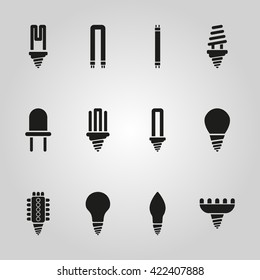 The light bulb icon, set of 12 icons. Lamp and bulb, lightbulb symbol.UI. Web. Logo. Sign. Flat design. App. Stock vector