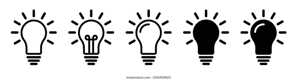 Light Bulb Icon Set Black. Lamp line icon set. Idea lamp icon collection. Flat style - stock vector.