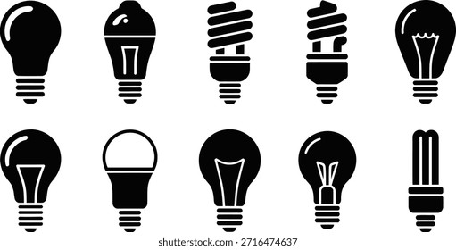 Light bulb icon set in black silhouette style isolated on white background