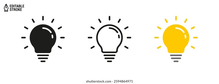 Light bulb icon. Set of light bulbs isolated on white background. Concept of idea. Black and white, outline with editable stroke and colored icons. Vector