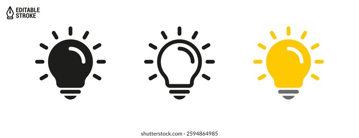 Light bulb icon. Set of light bulbs isolated on white background. Concept of idea. Black and white, outline with editable stroke and colored icons. Vector