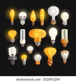 light bulb icon set, cartoon flat style vector illustration on isolated black background