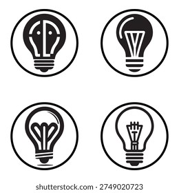 Light bulb icon set with creative filament designs, innovation and idea symbols