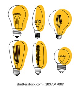 Light bulb icon set. Doodle hand drawn light bulb isolated on white background. Vector Illustration