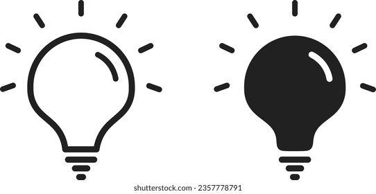Light bulb icon set. Electric lamp, electricity, power. Flat style outline icons. Lighting electric lamp. Idea, solution, thinking symbol. Vector illustration.