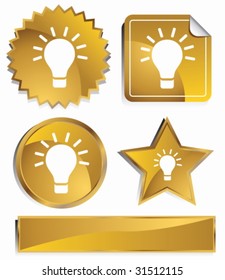 Light Bulb Icon Set : Gold satin metal buttons in star, starburst, circle and sticker, label shapes.