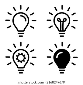 Juego de iconos de la bombilla. Símbolo de icono Idea. Versión colorida de línea, contorno sólido y relleno, contorno y signo vectorial relleno. Ilustración del vector