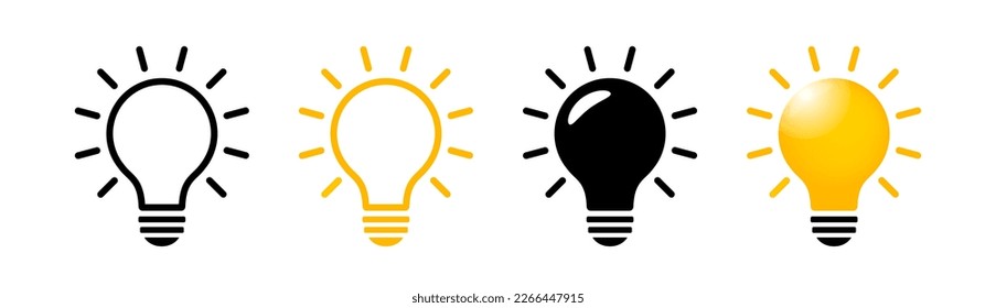 Juego de iconos de la bombilla. Símbolo de idea. Pictograma plano y contorno de bombilla. Colección de iconos de energía brillante. Señales luminosas de la lámpara aisladas sobre fondo blanco. Ilustración vectorial.