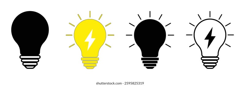 Light Bulb icon set, Idea icon  Black icons lamps or bulb and rays. of vector illustration