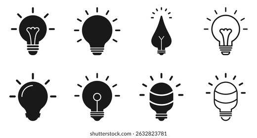 Light bulb icon set. Idea symbol, electric lamp, light, innovation, solution, creative thinking, electricity. Vector illustration isolated on white background. EPS 10